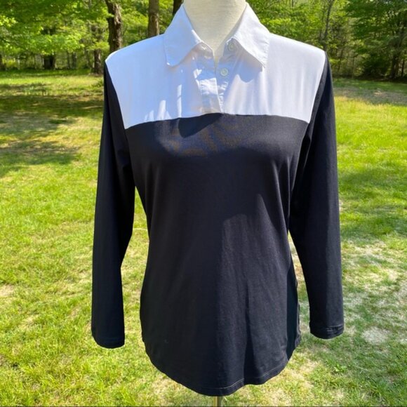 DONCASTER TOP BLACK WHITE COLOR BLOCK STRETCH Size S - Picture 2 of 9